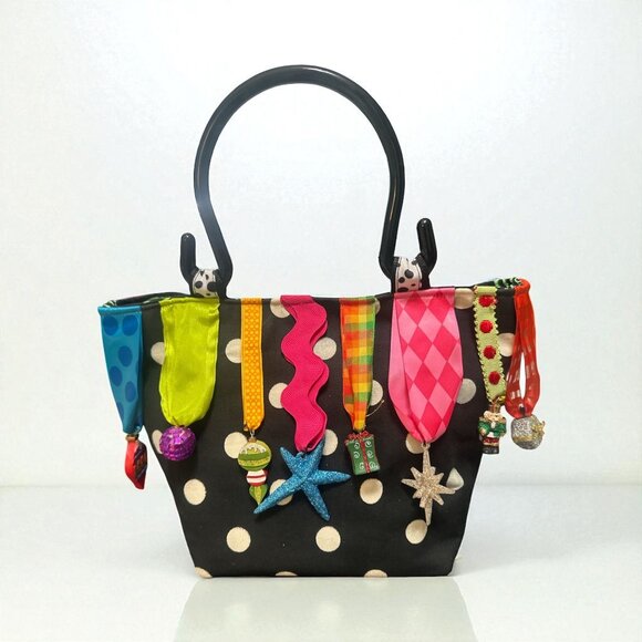 VTG Christmas Tote Handmade Polka Dot Canvas Ornament Handbag Festive Holiday Ba - Picture 1 of 8